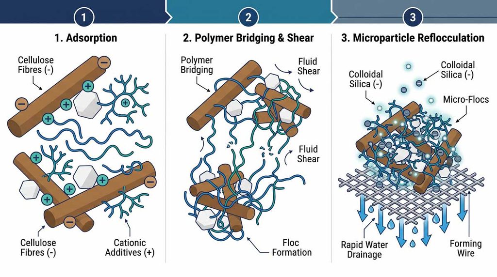 Cationic Polymer Bridging & Colloidal Silica diagram