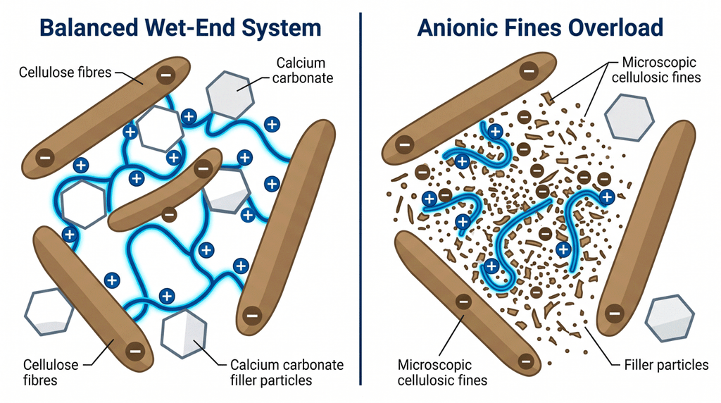 Technical diagram showing how highly anionic cellulosic fines compete with long paper fibres and fillers to consume positively charged cationic polymers at the wet end