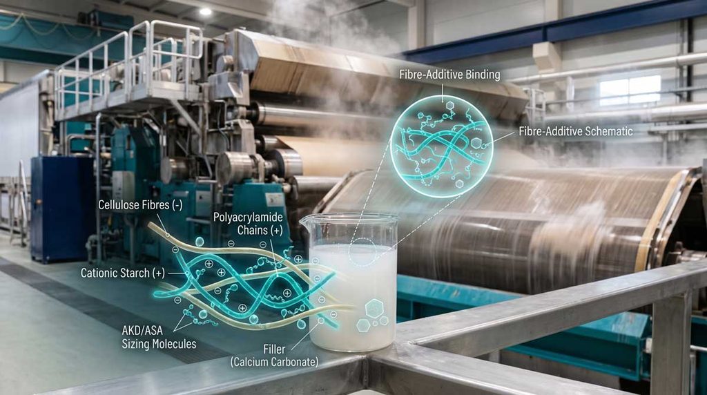 Overview of wet-end chemicals in the papermaking process showing cationic polymers, sizing agents, and strength resins in a paper mill headbox